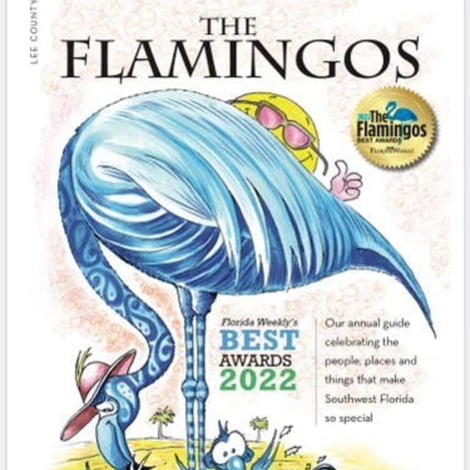 A blue flamingo cartoon wearing sunglasses and a hat, with "The Flamingos Best Awards 2022" text.